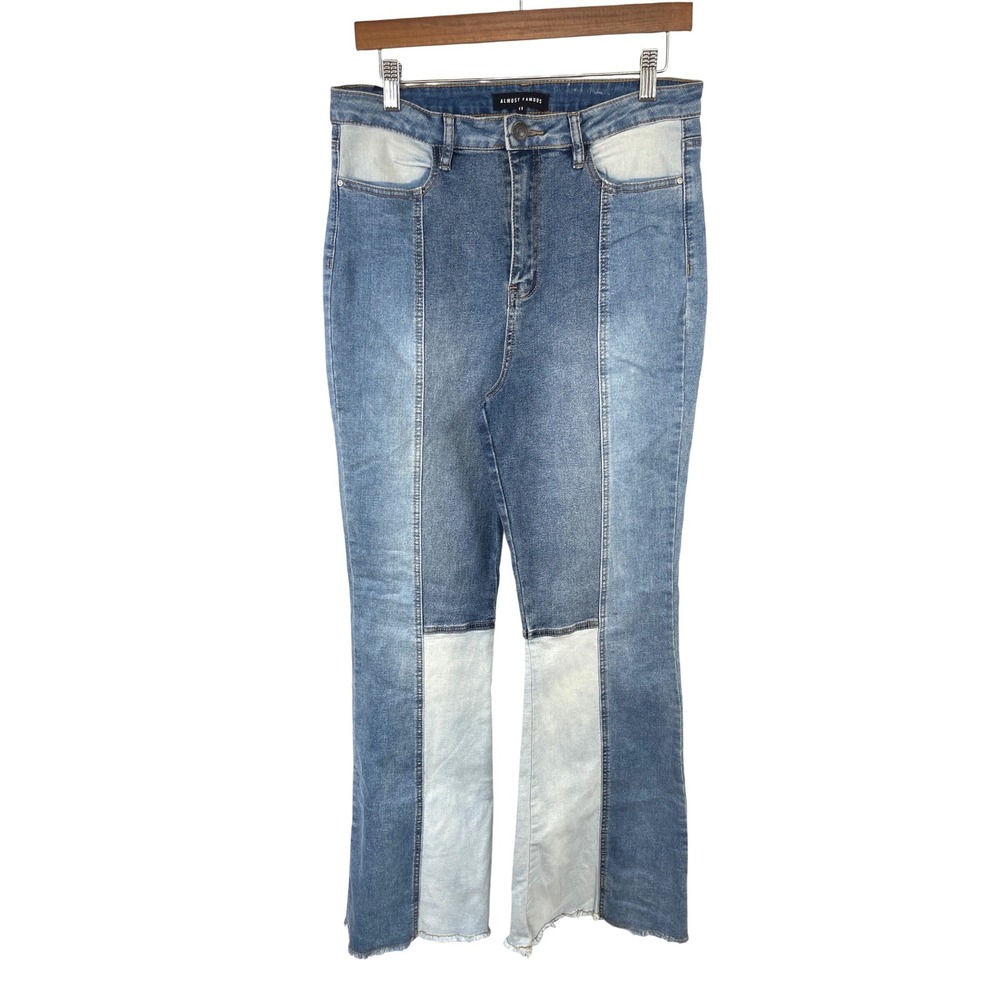 Almost Famous Patchwork High Rise Flare Jeans 11 Blue Raw Hem Boho 70s Indie